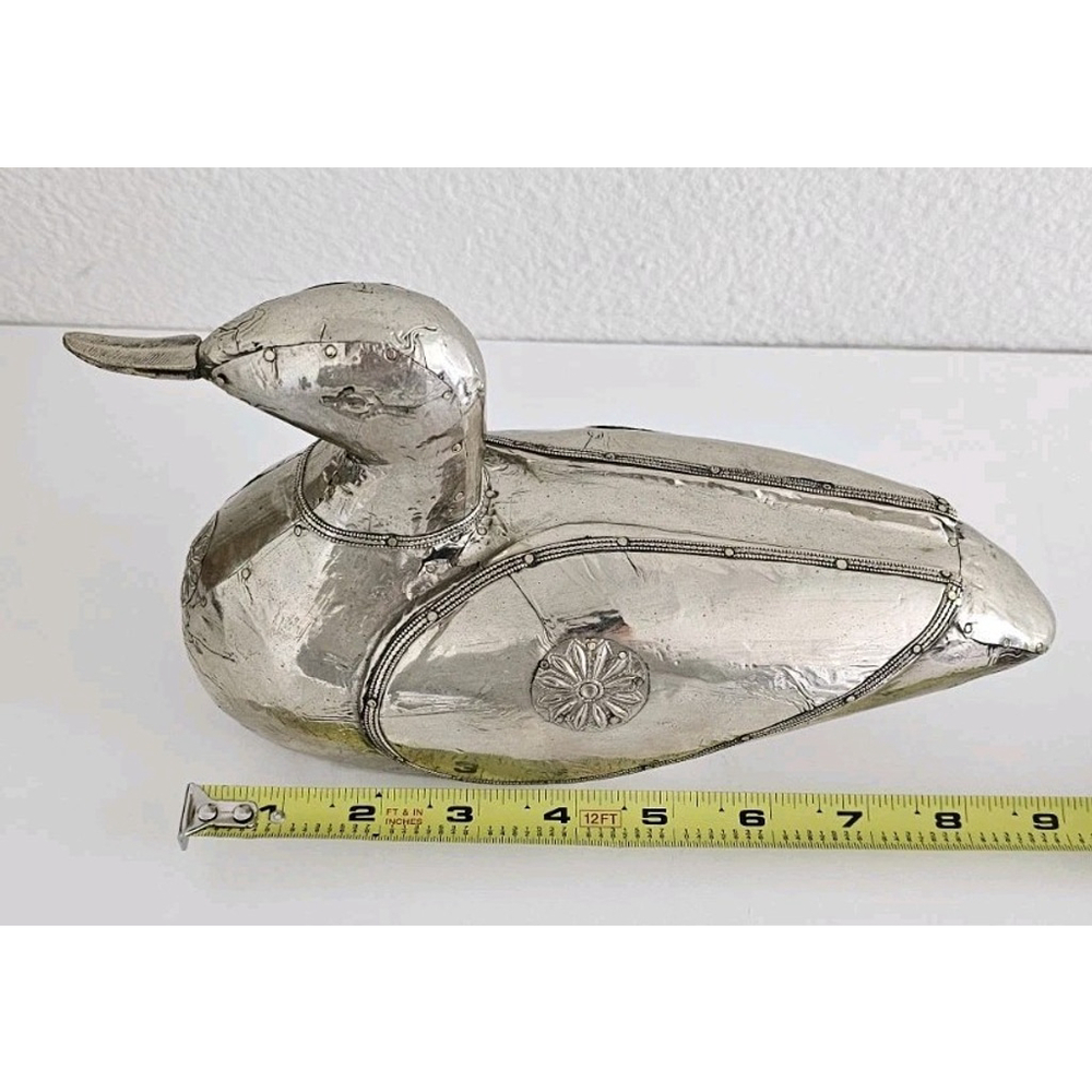 Vintage Silver Metal Over Wood Duck Decoy Figurine Folk Art Decorative Bird - Picture 15 of 16
